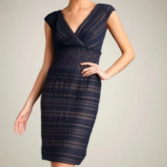 tadashi shoji navy blue lace dress Tadashi Shoji Navy Blue Sequin Embellished Lace Belted Boat Neck Gown L